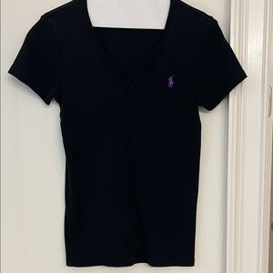 Ralph Lauren Black V-Neck Tee with Purple Logo